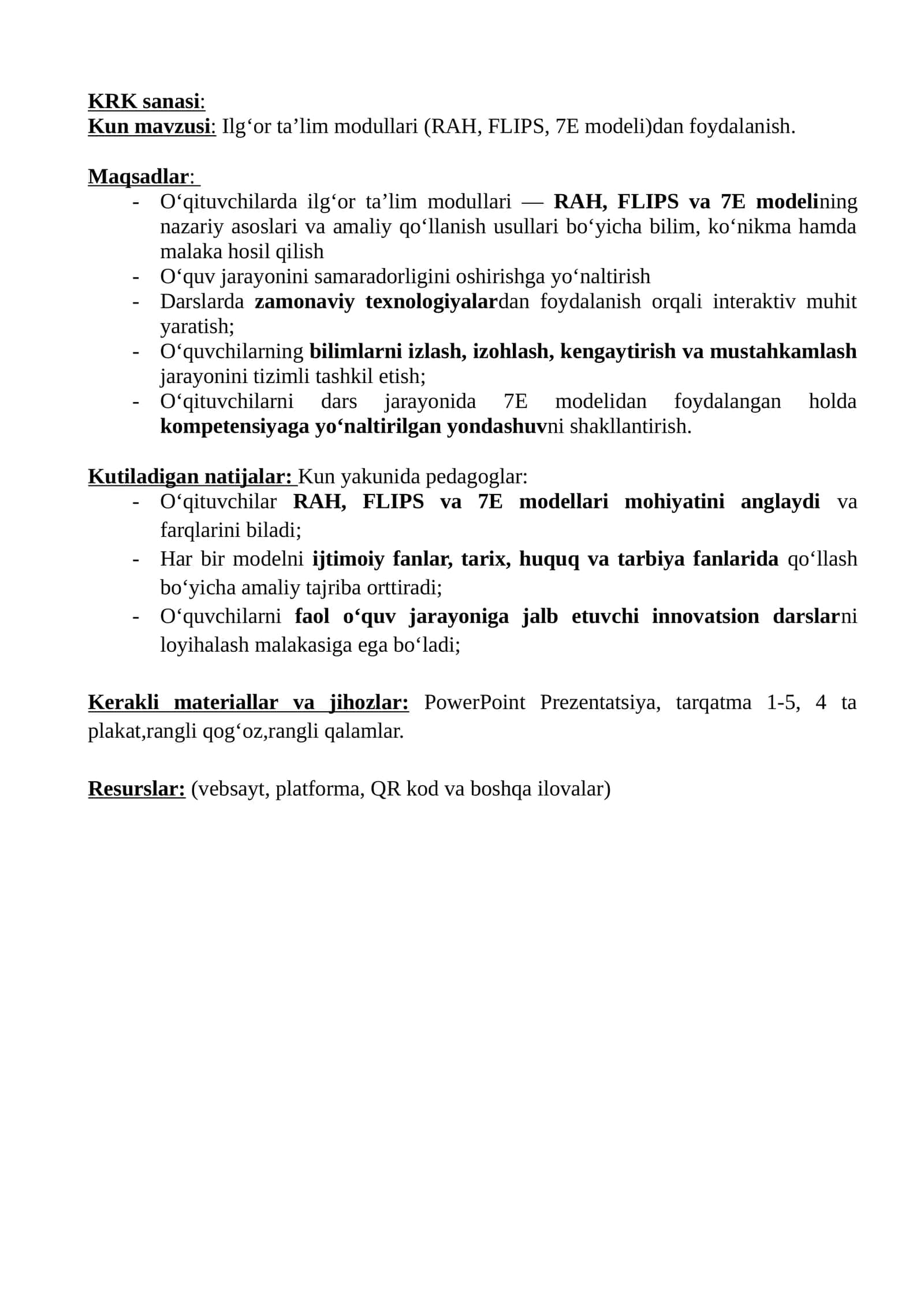 Ilgʻor taʼlim modullari (RAH, FLIPS, 7E modeli)dan foydalanish