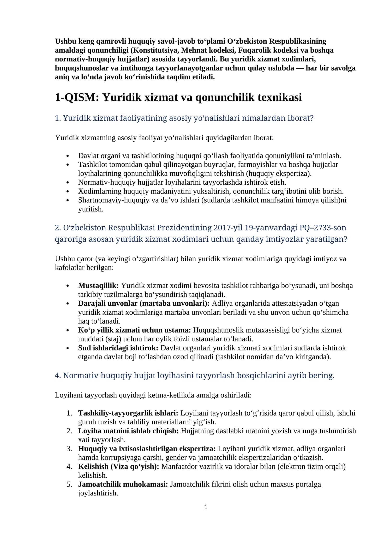 Agros 2026 suhbat savollar javoblari (Yuridik xizmat va qonunchilik texnikasi)