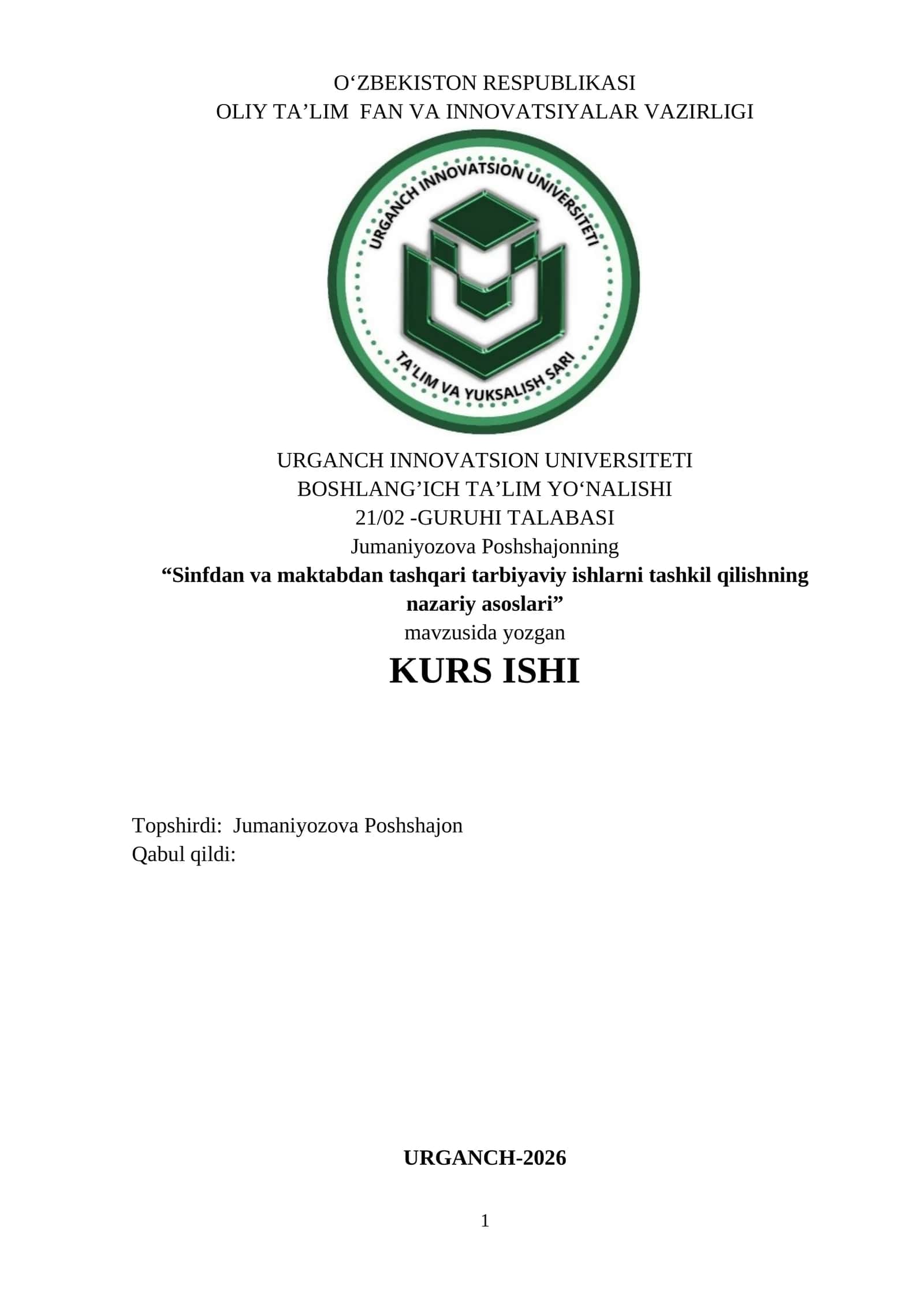 Sinfdan va maktabdan tashqari tarbiyaviy ishlarni tashkil qilishning nazariy asoslari