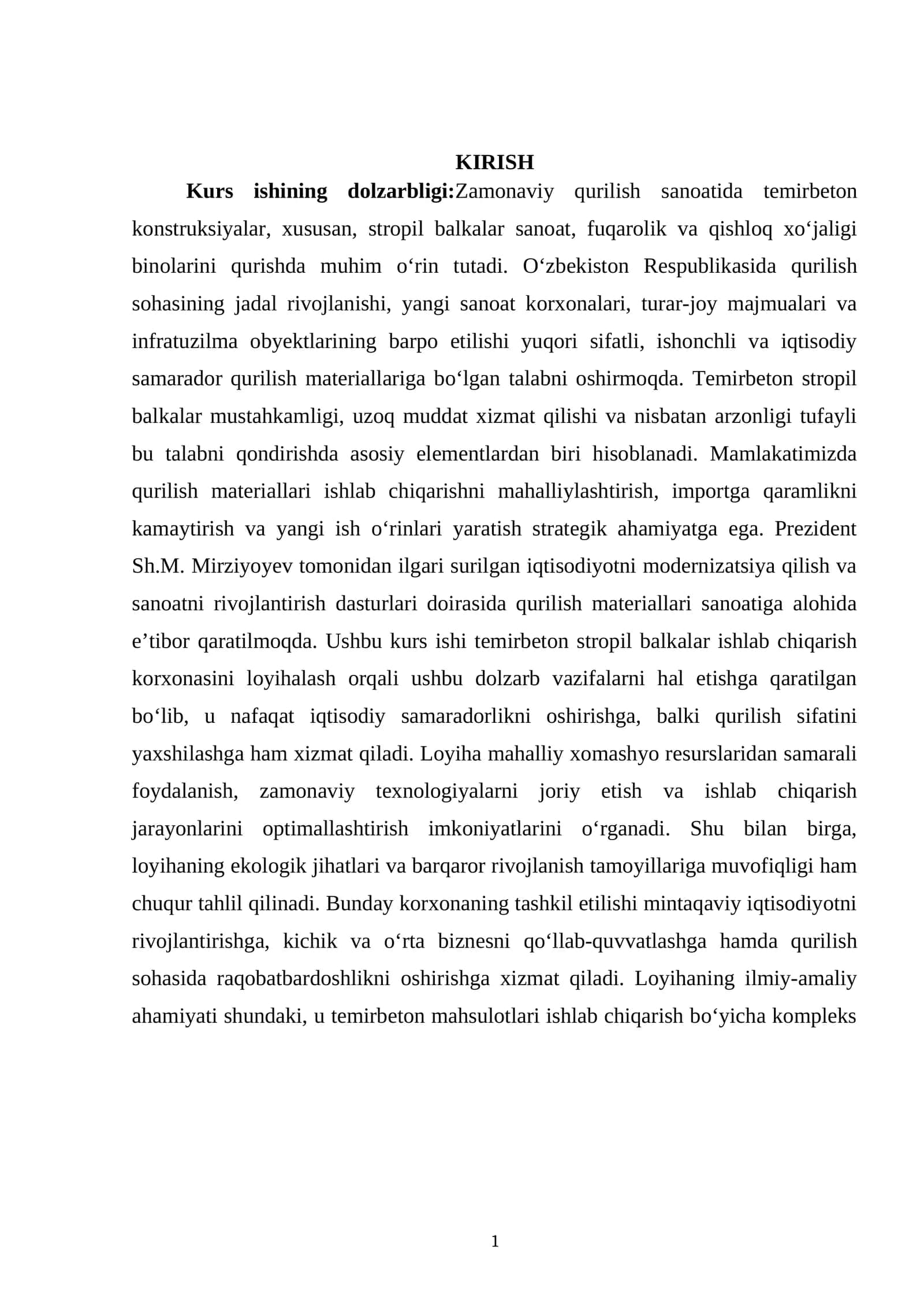 Temirbeton stropil balkalar ishlab chiqarish korxonasini loyihalash