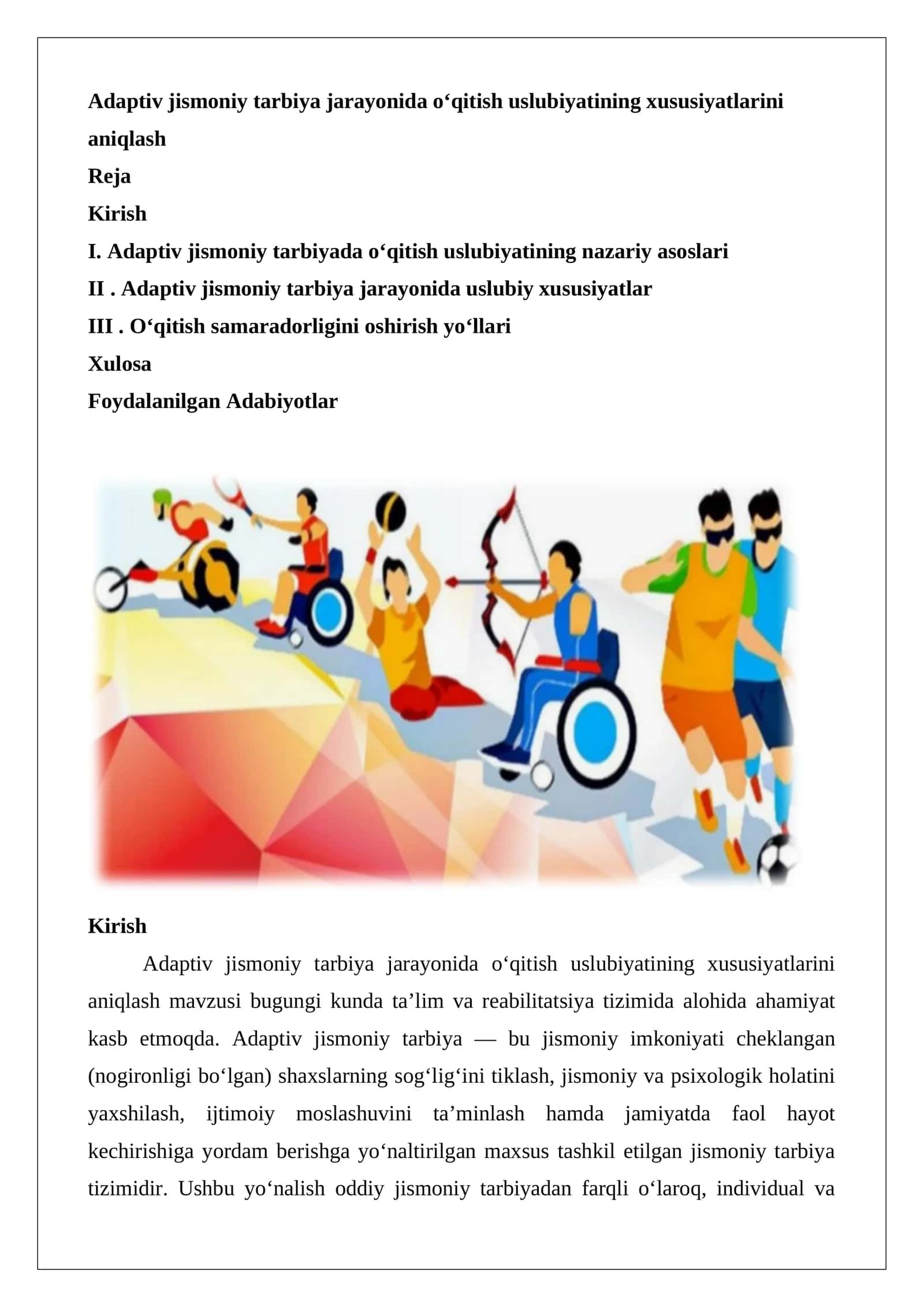 Adaptiv jismoniy tarbiya jarayonida o‘qitish uslubiyatining xususiyatlarini aniqlash