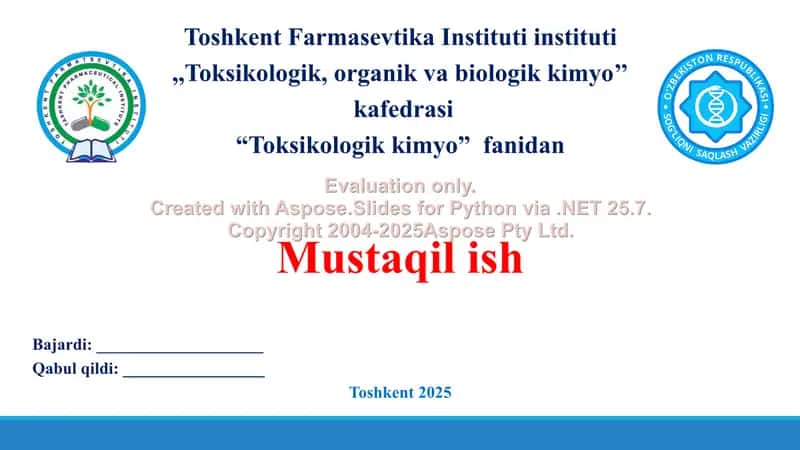 4. Diuretiklar. Toksikologik ahamiyati, izolyatsiyasi, sifat va miqdoriy tahlili. Taqdimot 15 bet.