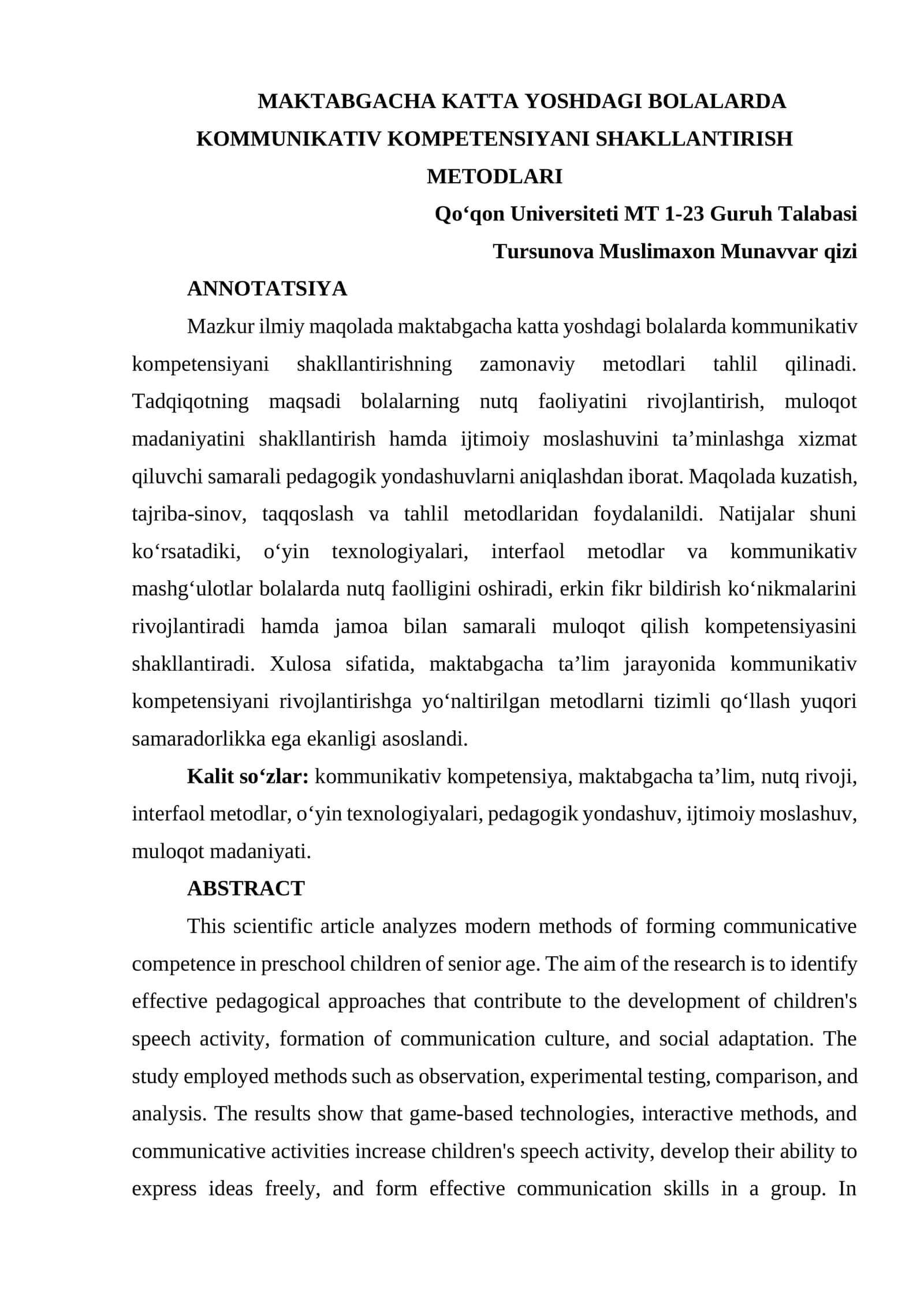 MAKTABGACHA KATTA YOSHDAGI BOLALARDA KOMMUNIKATIV KOMPETENSIYANI SHAKLLANTIRISH METODLARI