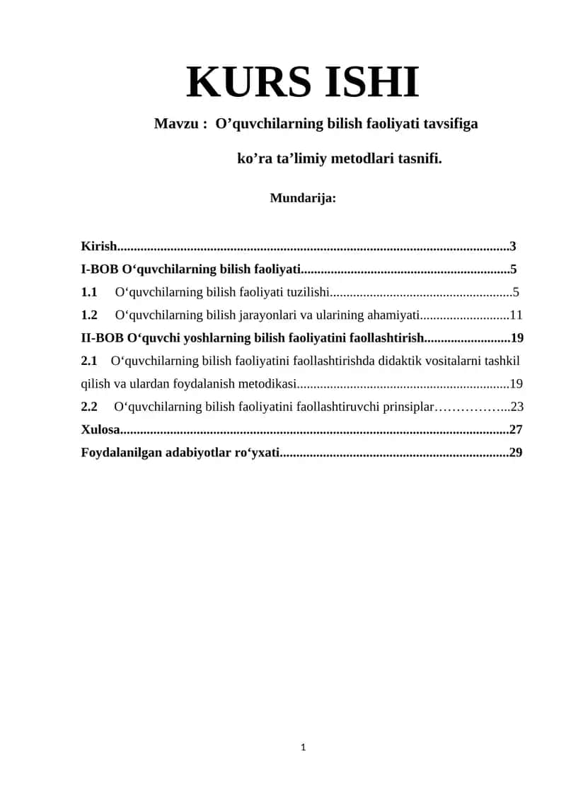 O'quvchilarning bilish faoliyati tavsifi