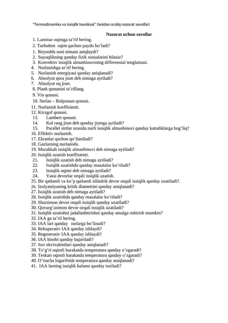 Termodinamika va issiqlik texnikasi fanidan oraliq nazorat savollari