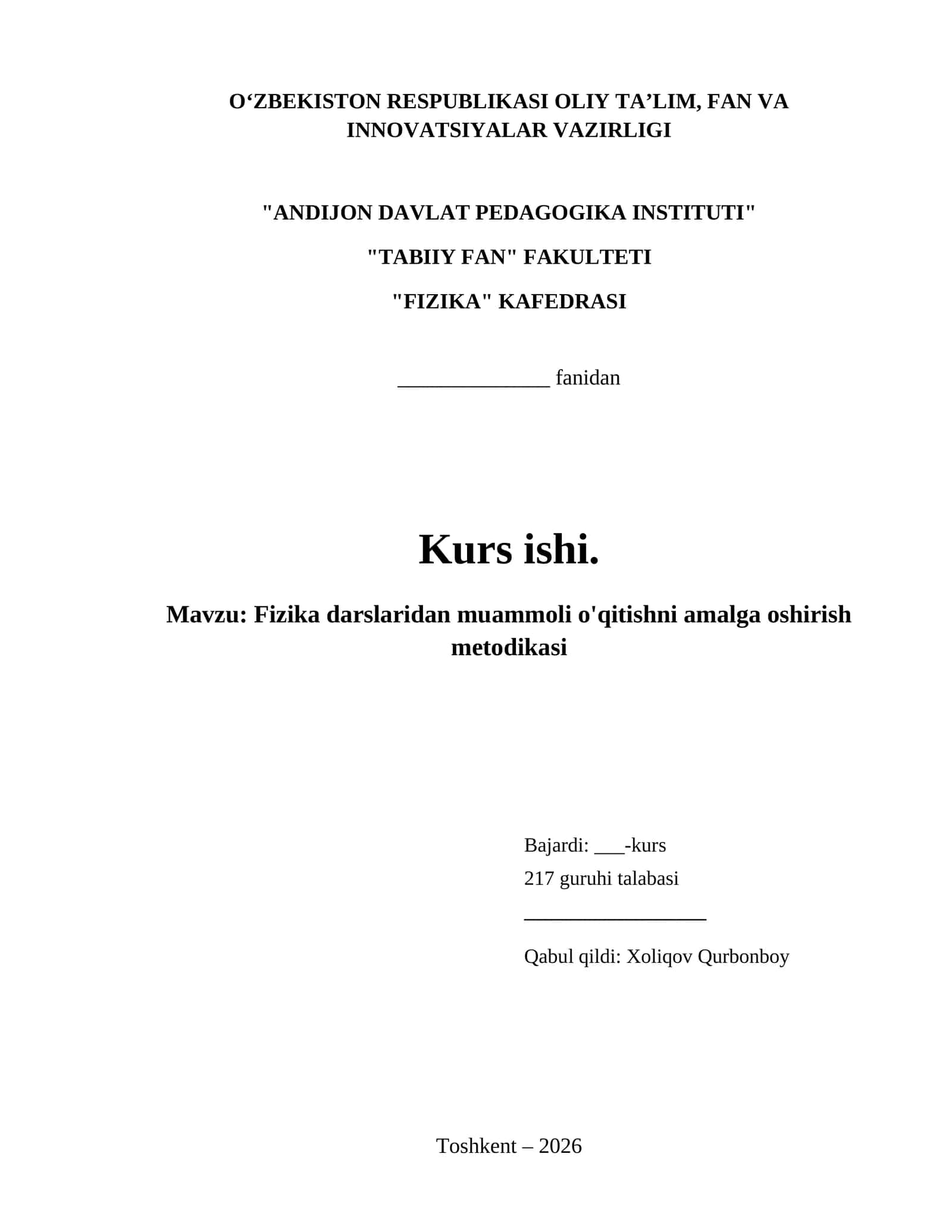 Fizika darslaridan muammoli o'qitishni amalga oshirish metodikasi