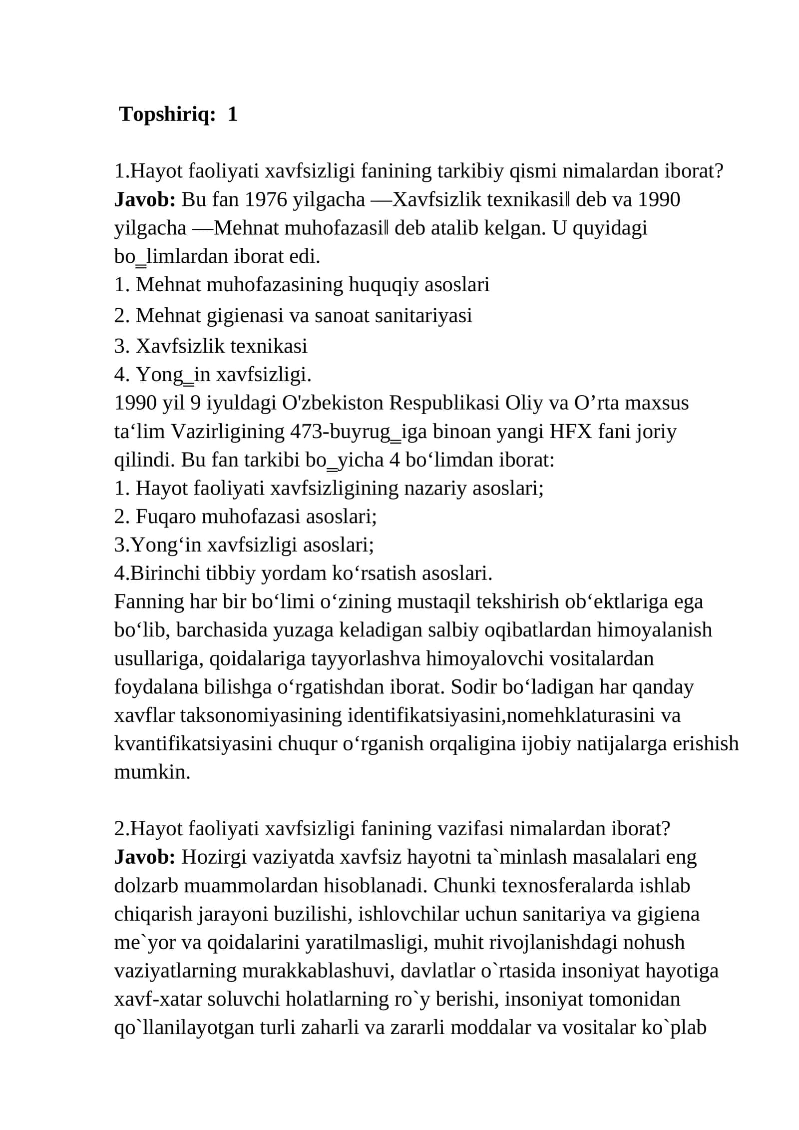 Hayot faoliyati xavfsizligi fani