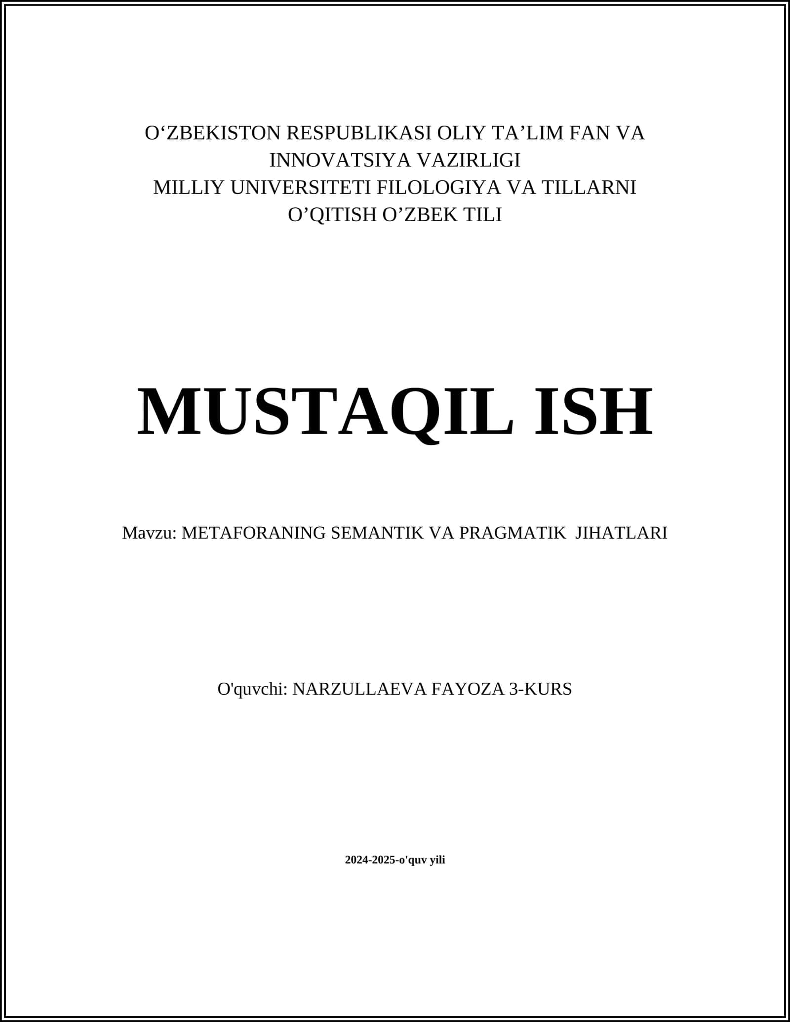 METAFORANING SEMANTIK VA PRAGMATIK JIHATLARI
