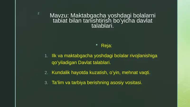 Maktabgacha yoshdagi bolalarni tabiat bilan tanishtirish boʻyicha davlat talablari