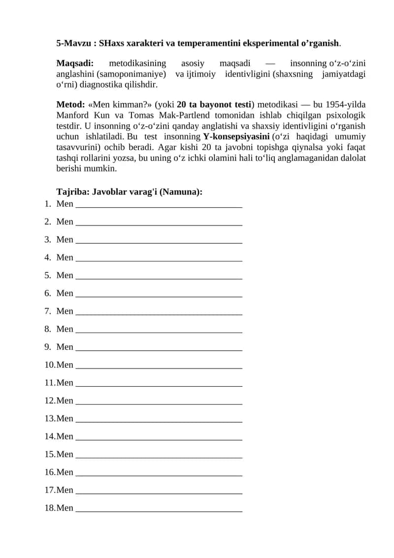 Men kimman? (yoki 20 ta bayonot testi)