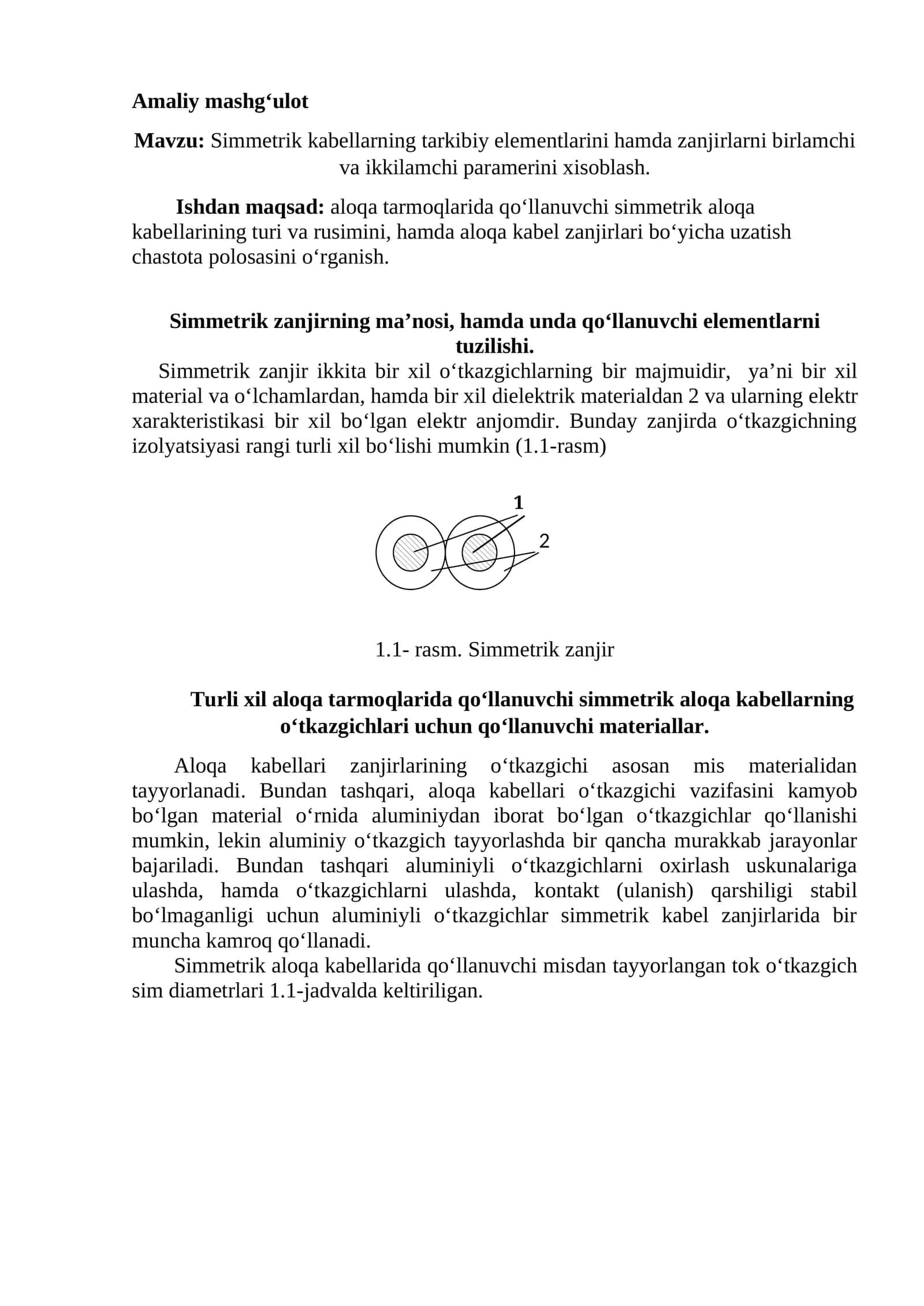 Simmetrik kabellarning tarkibiy elementlarini hamda zanjirlarni birlamchi va ikkilamchi paramerini xisoblash