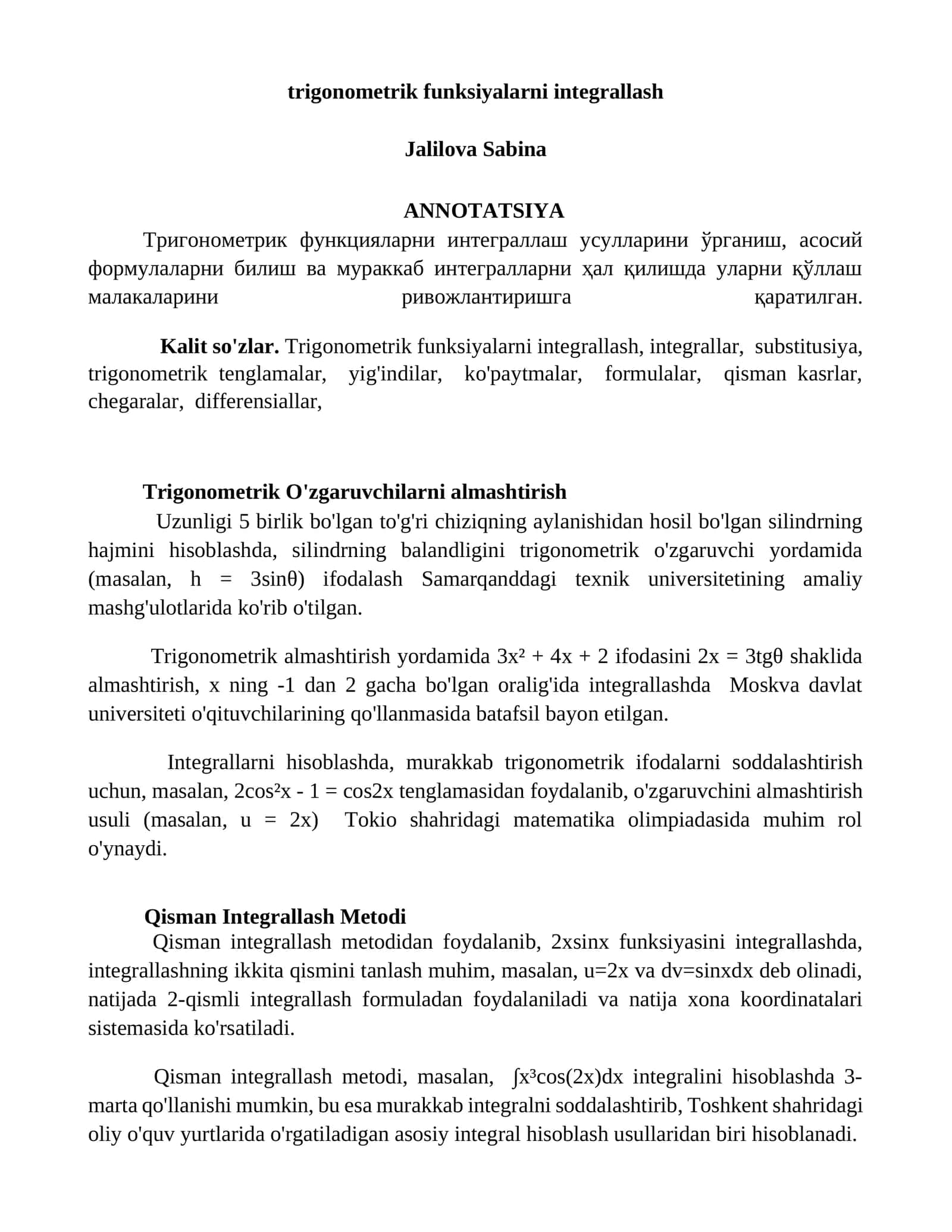 Trigonometrik funksiyalarni integrallash