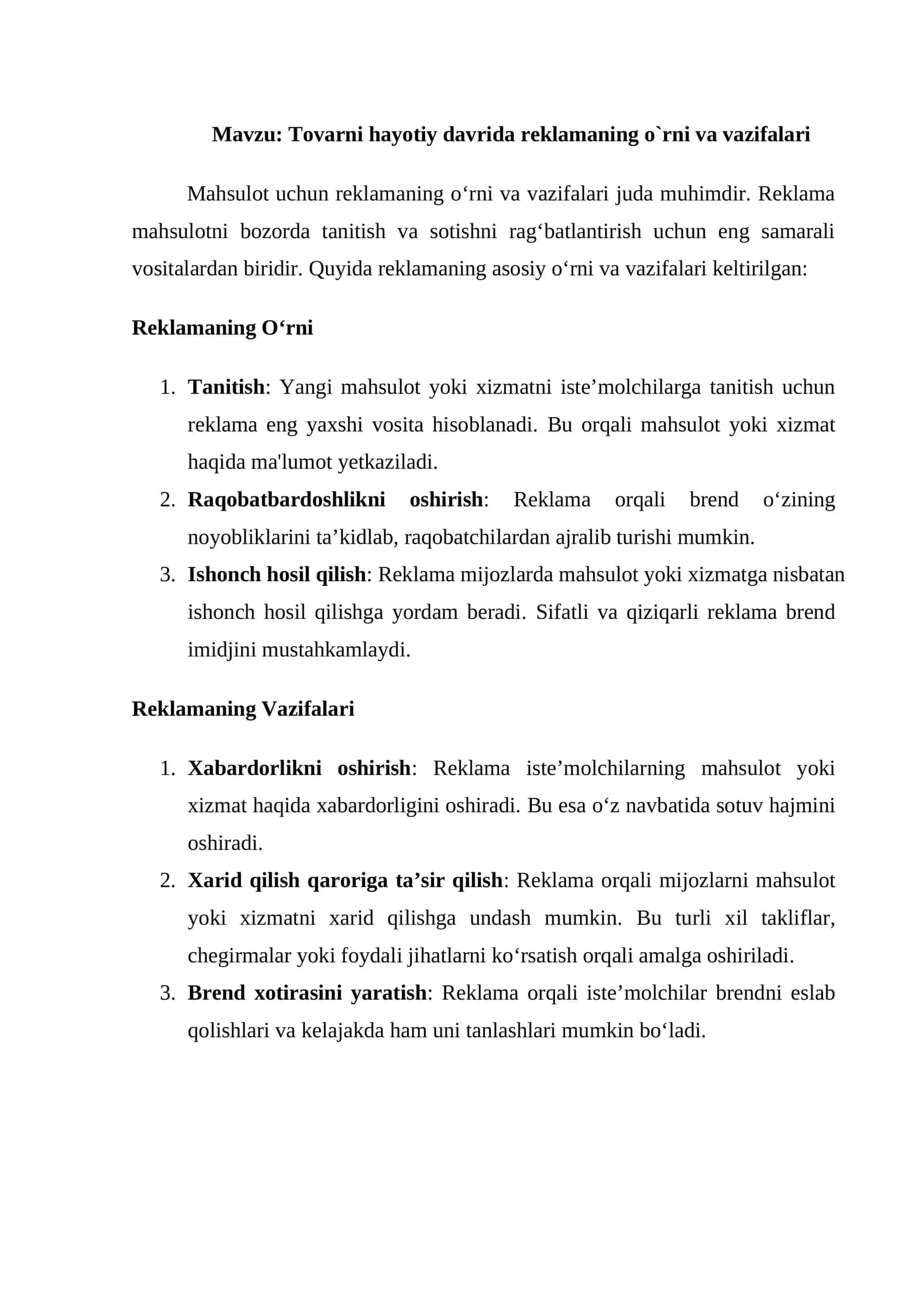 Tovarni hayotiy davrida reklamaning o`rni va vazifalari