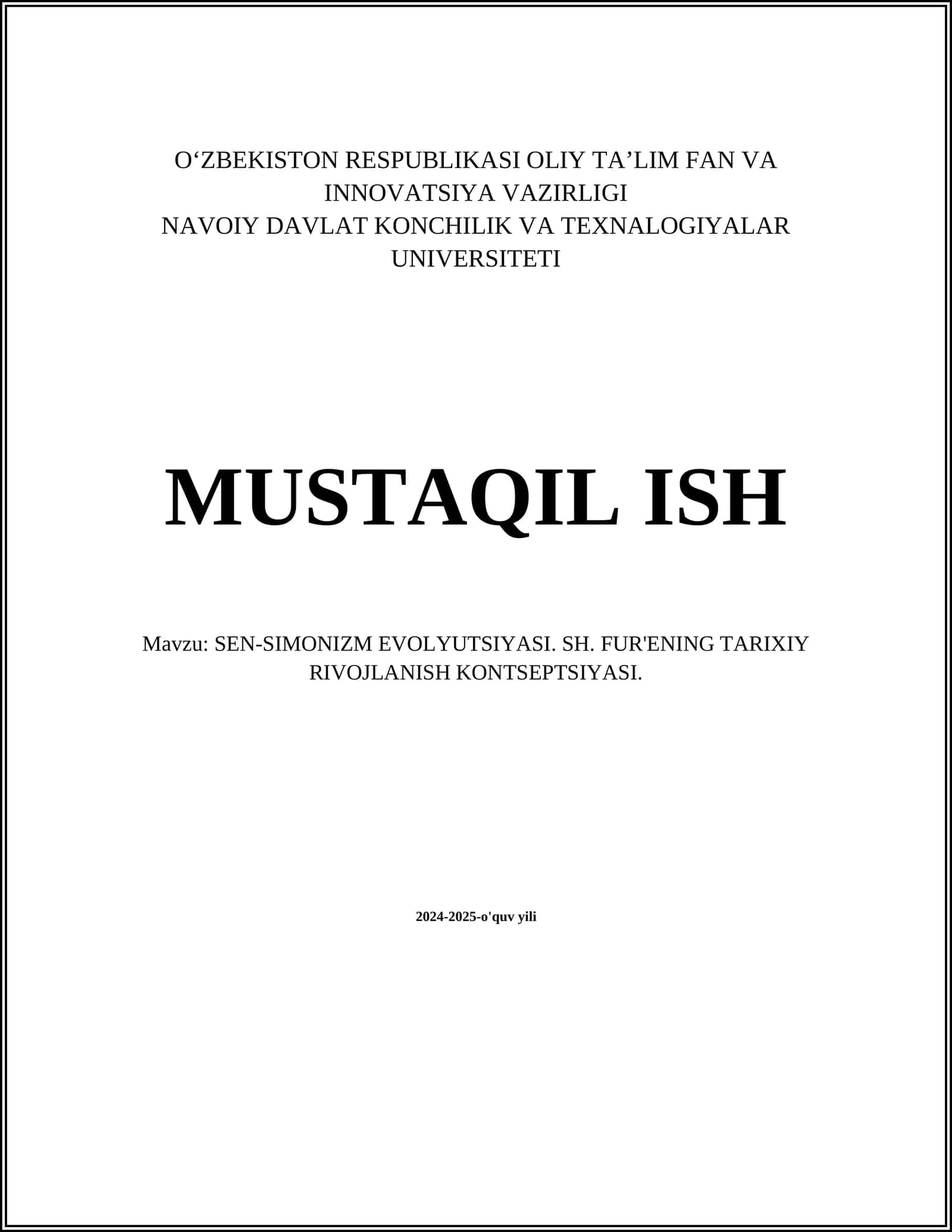 SEN-SIMONIZM EVOLYUTSIYASI. SH. FUR'ENING TARIXIY RIVOJLANISH KONTSEPTSIYASI