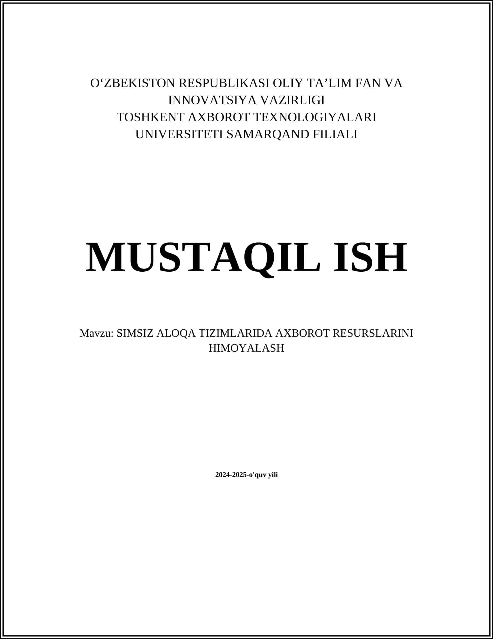 SIMSIZ ALOQA TIZIMLARIDA AXBOROT RESURSLARINI HIMOYALASH