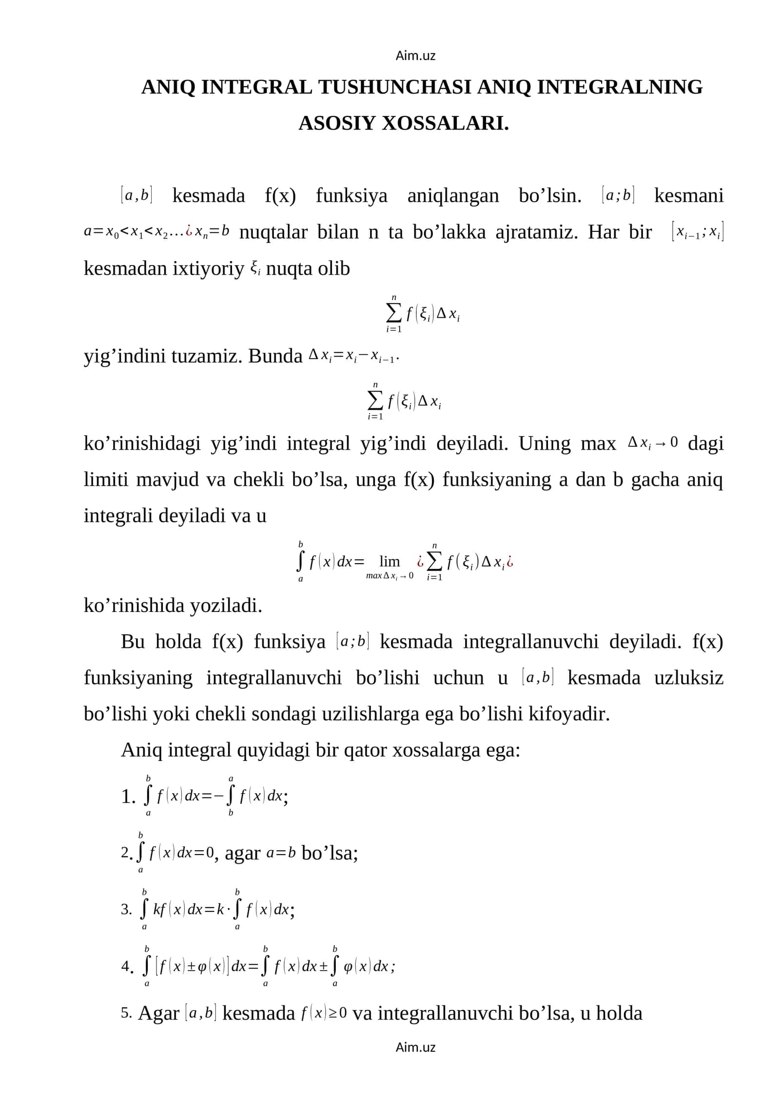ANIQ INTEGRAL TUSHUNCHASI ANIQ INTEGRALNING ASOSIY XOSSALARI