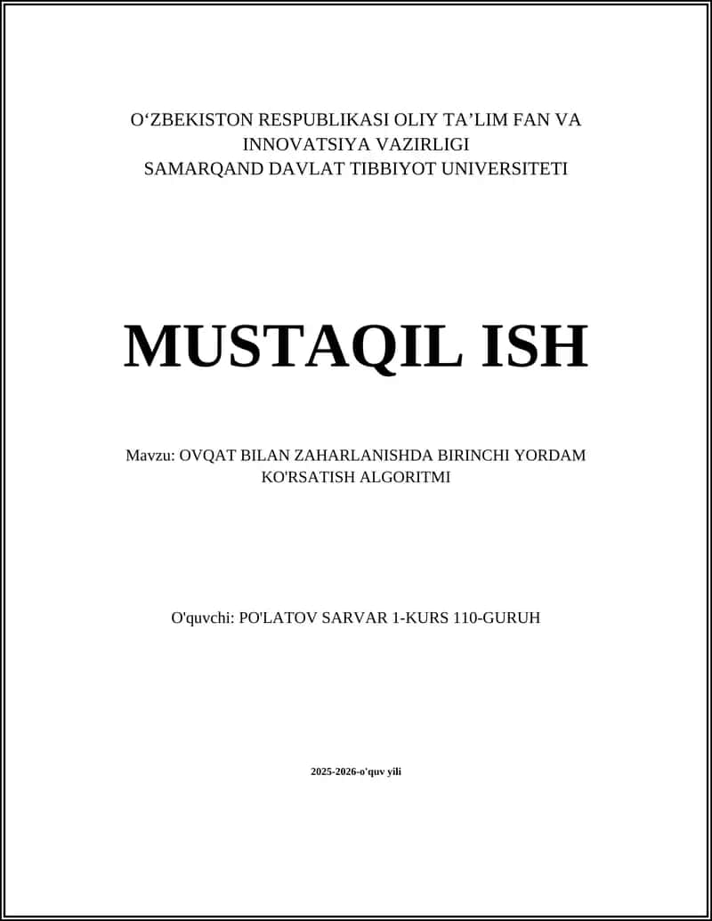 OVQAT BILAN ZAHARLANISHDA BIRINCHI YORDAM KO'RSATISH ALGORITMI