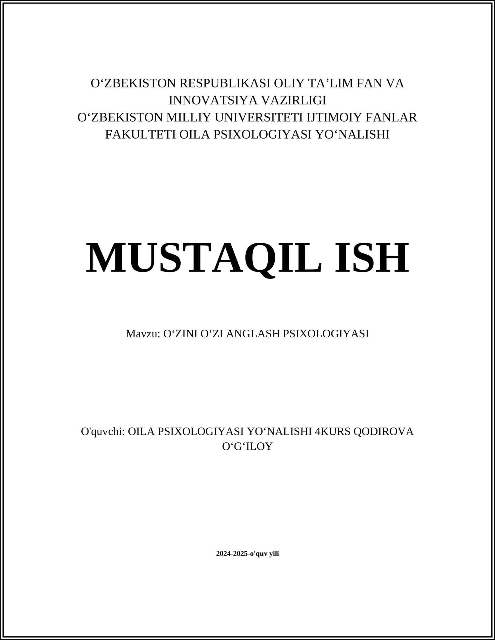 OʻZINI OʻZI ANGLASH PSIXOLOGIYASI