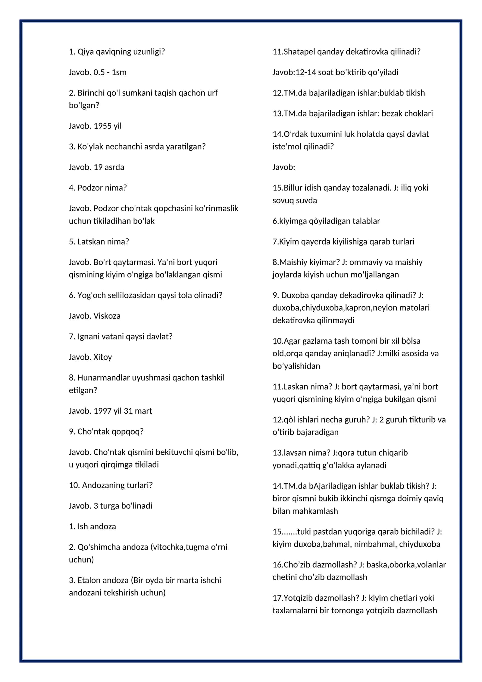 Texnologiya fanidan 200 talik test javoblari bilan