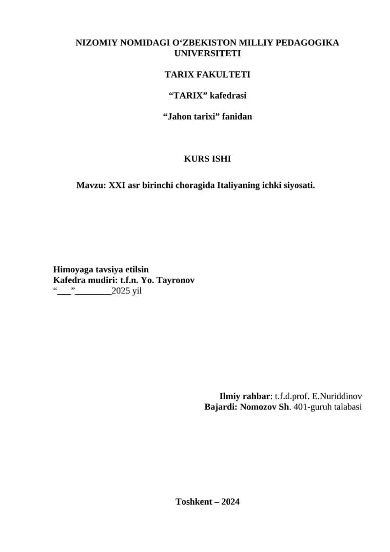 XXI asr birinchi choragida Italiyaning ichki siyosati