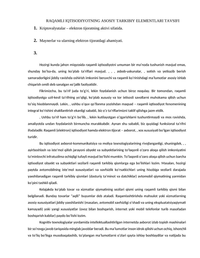 RAQAMLI IQTISODIYOTNING ASOSIY TARKIBIY ELEMENTLARI TAVSIFI