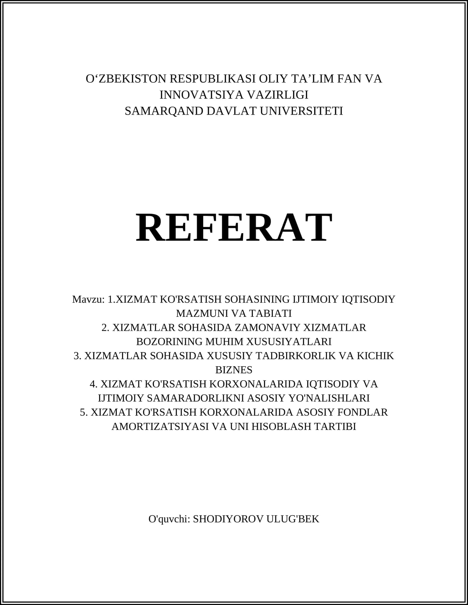 XIZMAT KO'RSATISH SOHASI