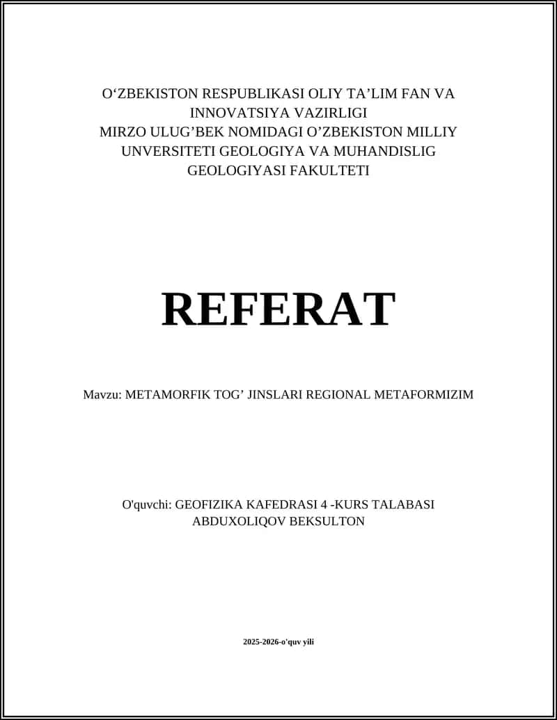 METAMORFIK TOG’ JINSLARI REGIONAL METAFORMIZIM