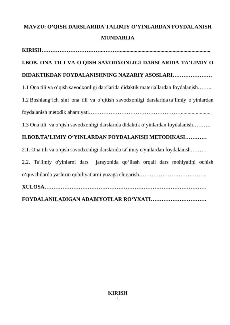 O’QISH DARSLARIDA TALIMIY O’YINLARDAN FOYDALANISH