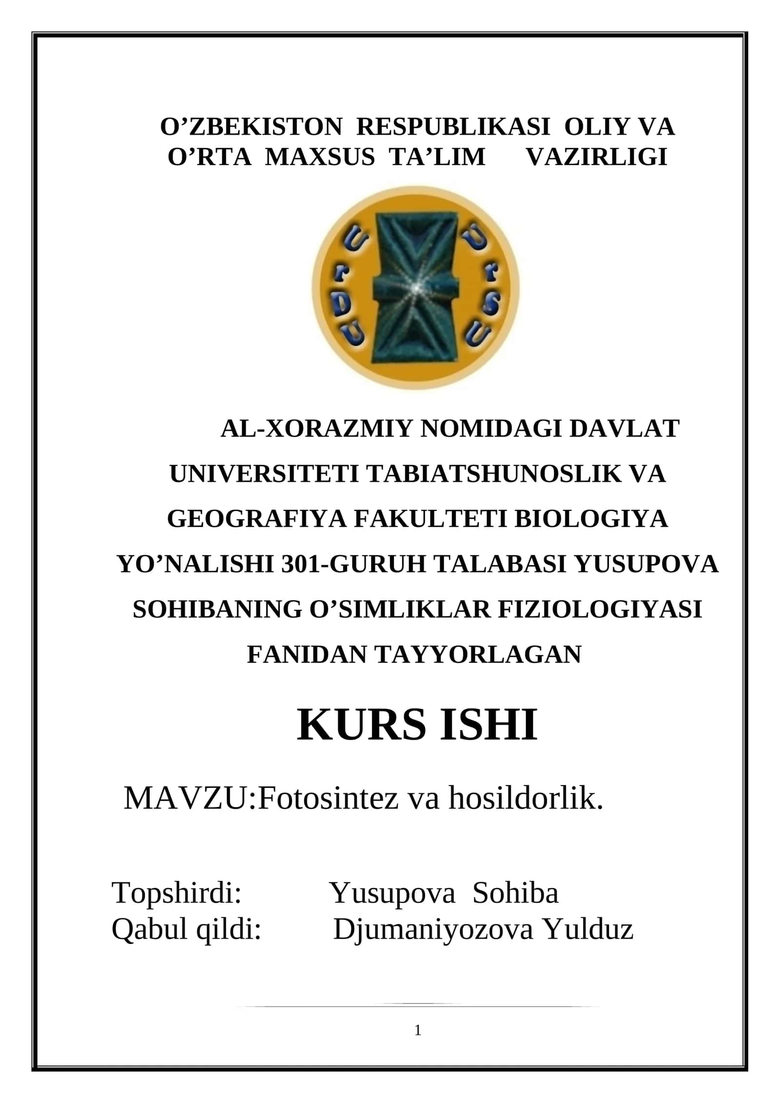 FOTOSINTEZ VA HOSILDORLIK