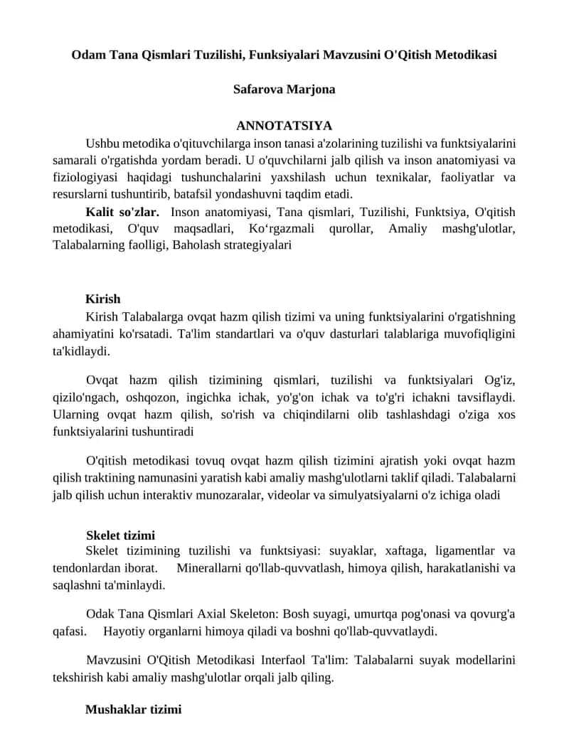 Odam Tana Qismlari Tuzilishi, Funksiyalari Mavzusini O'Qitish Metodikasi