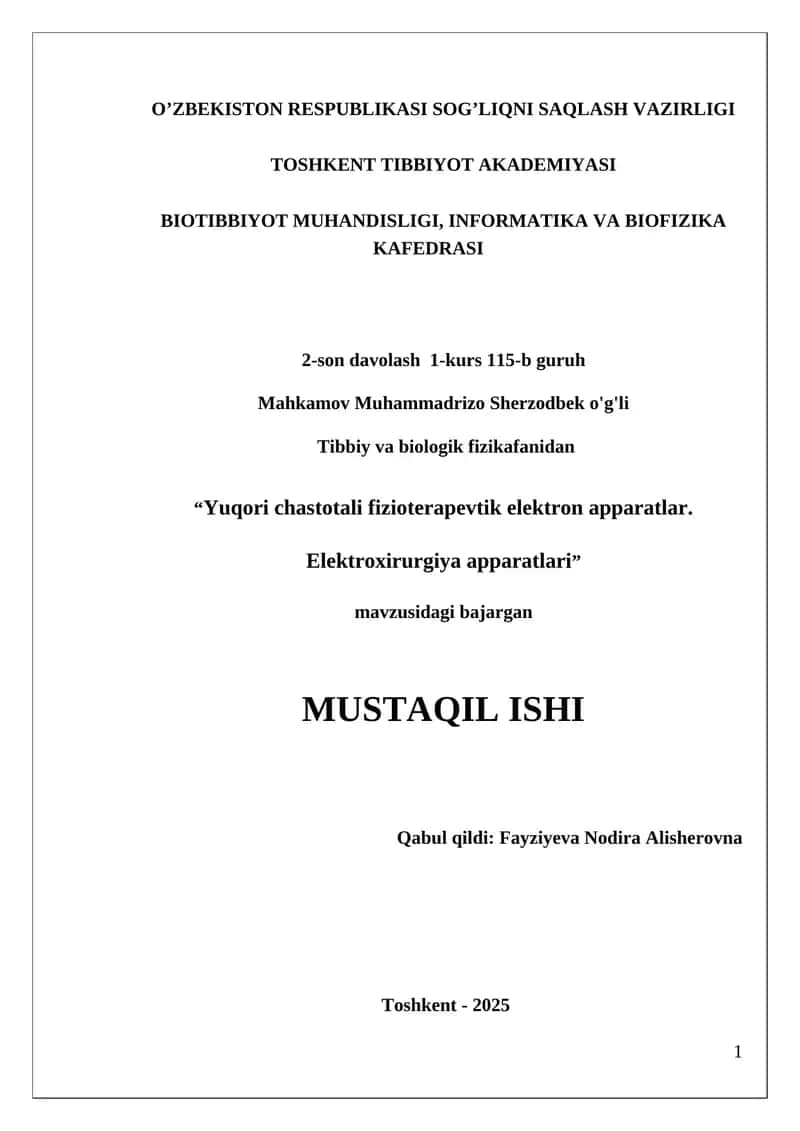 Yuqori chastotali fizioterapevtik elektron apparatlar va elektroxirurgiya apparatlari