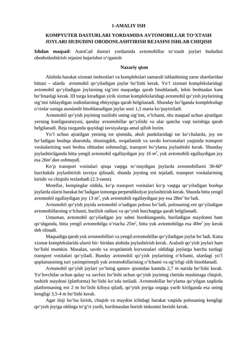 KOMPYUTER DASTURLARI YORDAMIDA AVTOMOBILLAR TO‘XTASH JOYLARI HUDUDINI OBODONLASHTIRISH REJASINI ISHLAB CHIQISH