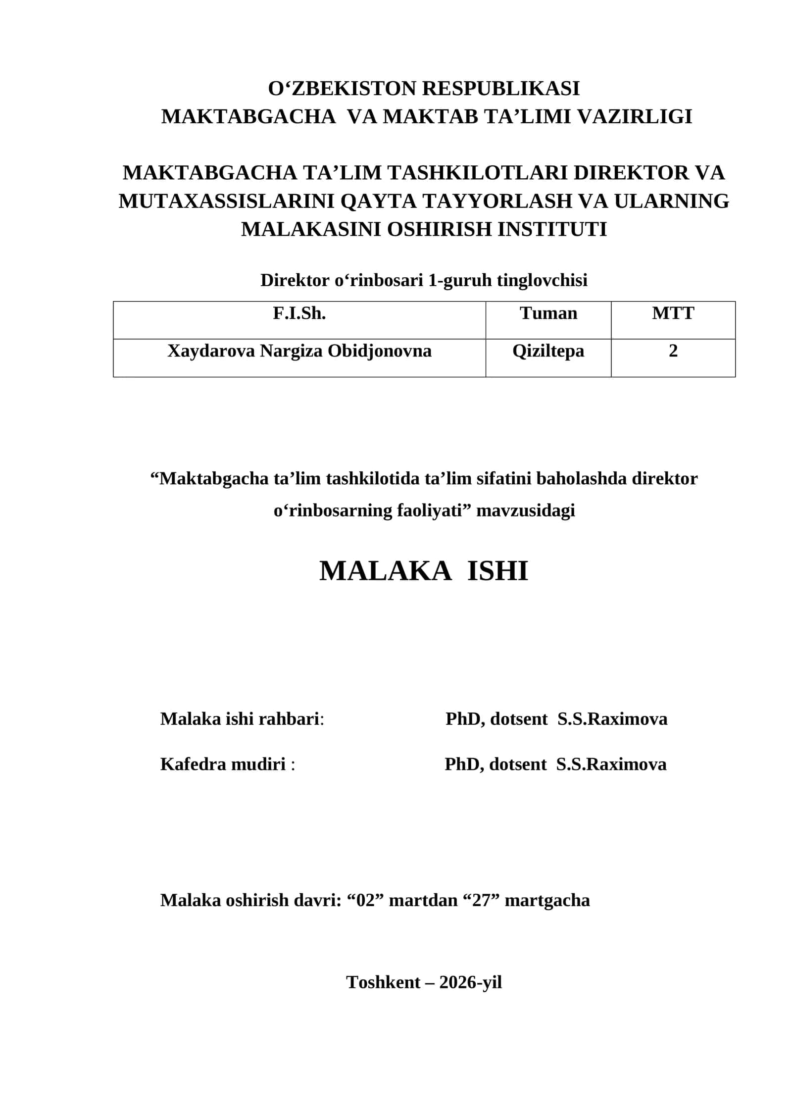 Malaka ishi: “Maktabgacha ta’lim tashkilotida ta’lim sifatini baholashda direktor o‘rinbosarning faoliyati”