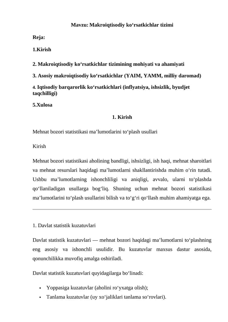 Makroiqtisodiy ko‘rsatkichlar tizimi