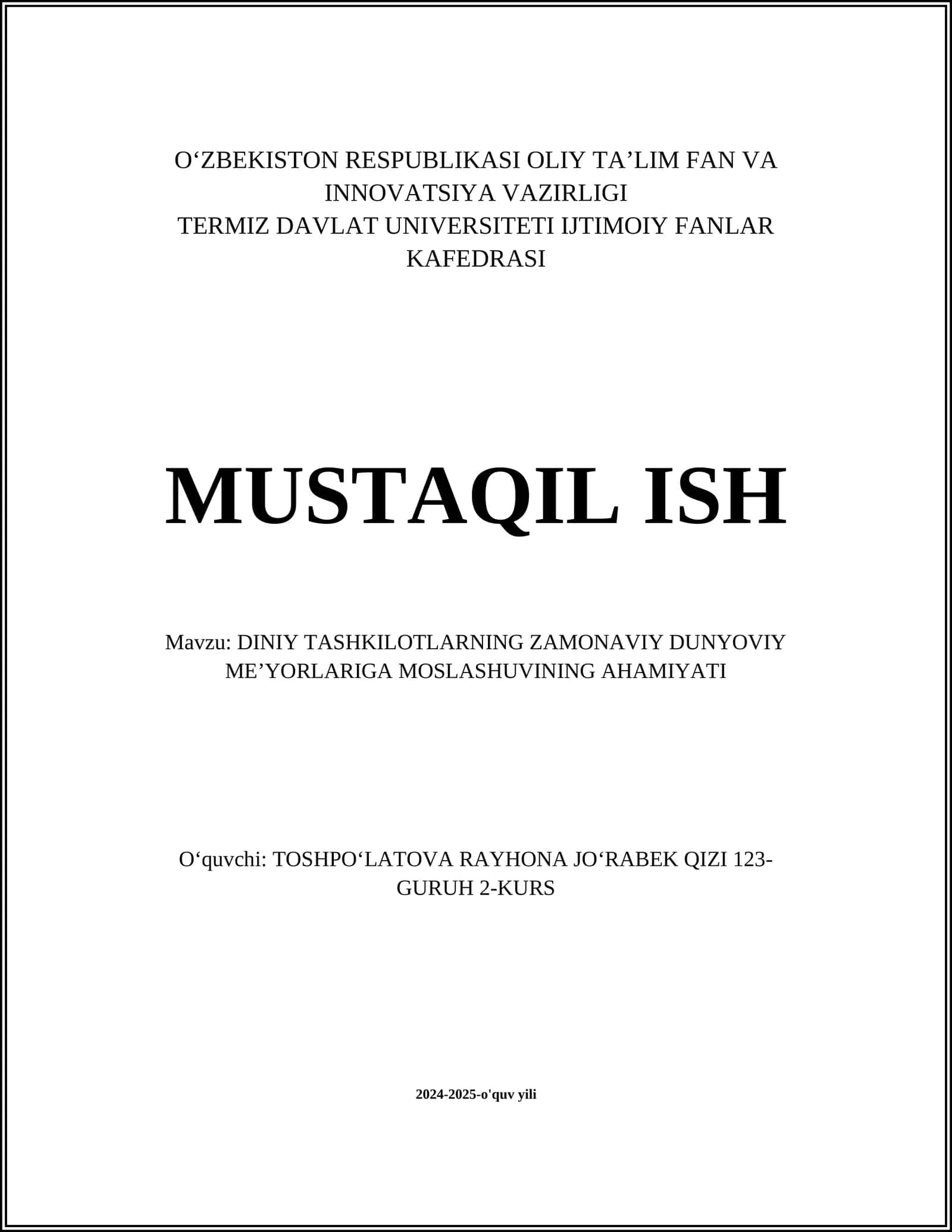 DINIY TASHKILOTLARNING ZAMONAVIY DUNYOVIY MEʼYORLARIGA MOSLASHUVINING AHAMIYATI