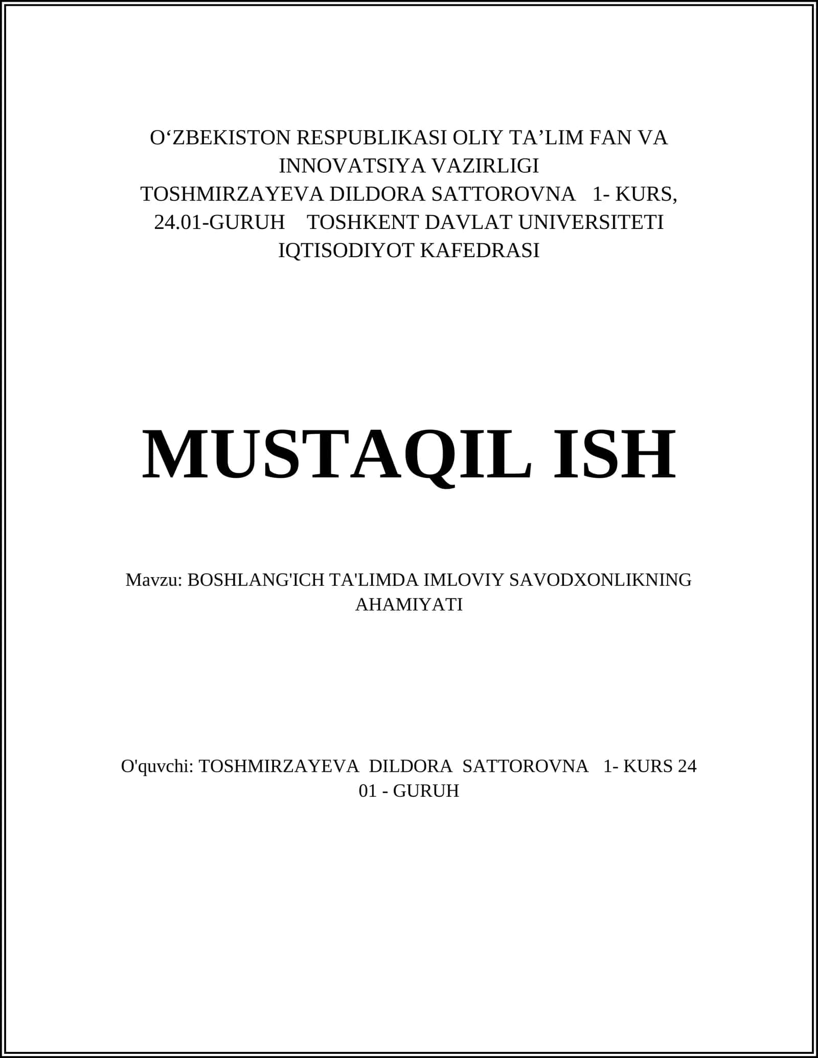 Boshlang'ich ta'limda imloviy savodxonlikning ahmiyat