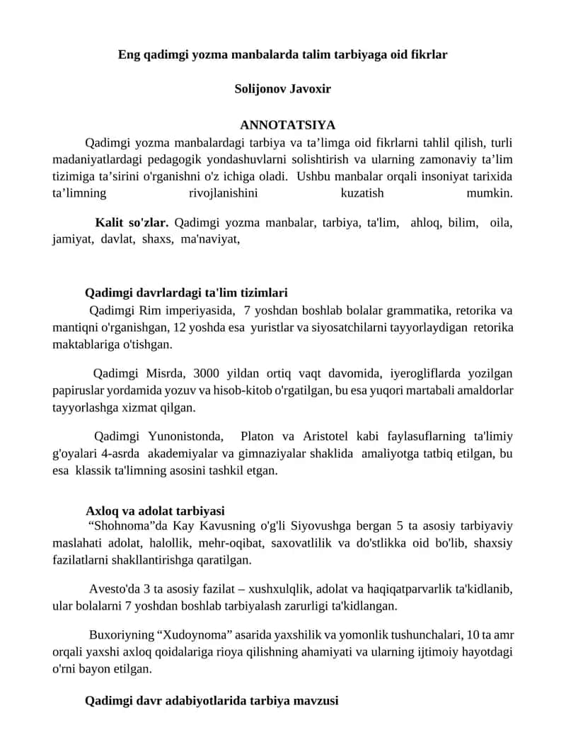 Eng qadimgi yozma manbalarda talim tarbiyaga oid fikrlar