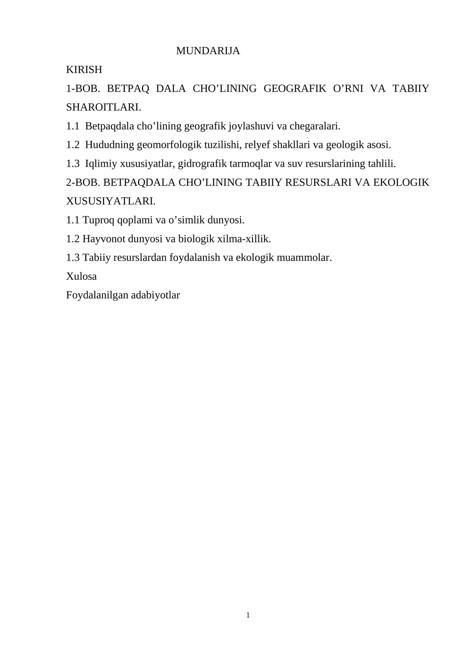 BETPAQ DALA CHO’LINING GEOGRAFIK O’RNI VA TABIIY SHAROITLARI
