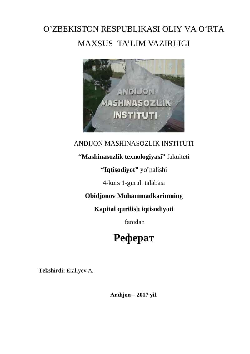 Kapital qurilish iqtisodiyoti fanidan