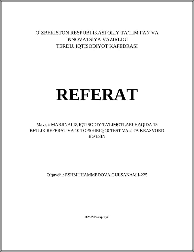 Marjinaliz Iqtisodiy Ta'limotlari Haqida Referat