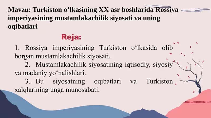 Rossiya imperiyasining Turkiston o’lkasining XX asr boshlarida mustamlakachilik siyosati