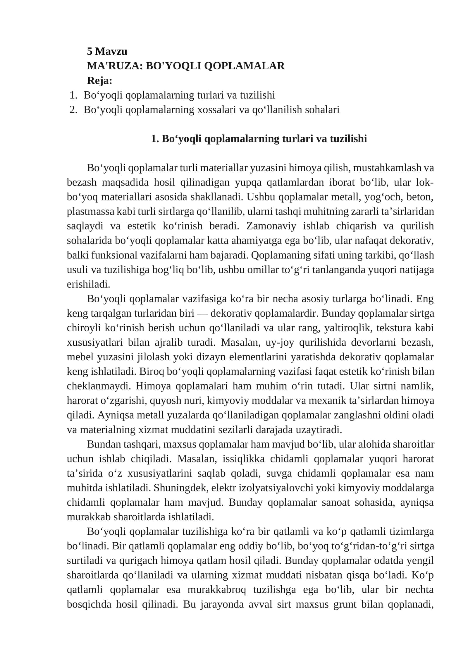 MA'RUZA: BO'YOQLI QOPLAMALAR