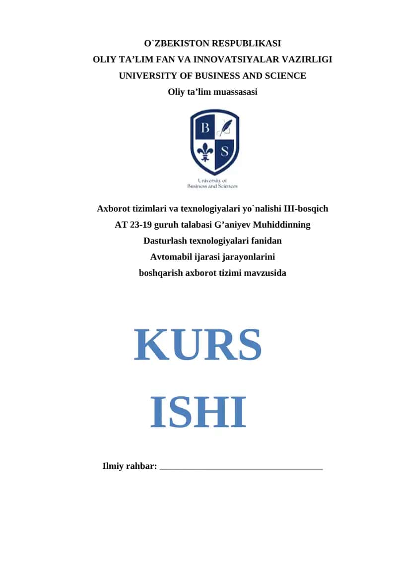 Kurs ishi: Avtomobil ijarasi boshqarish axborot tizimi mavzusida