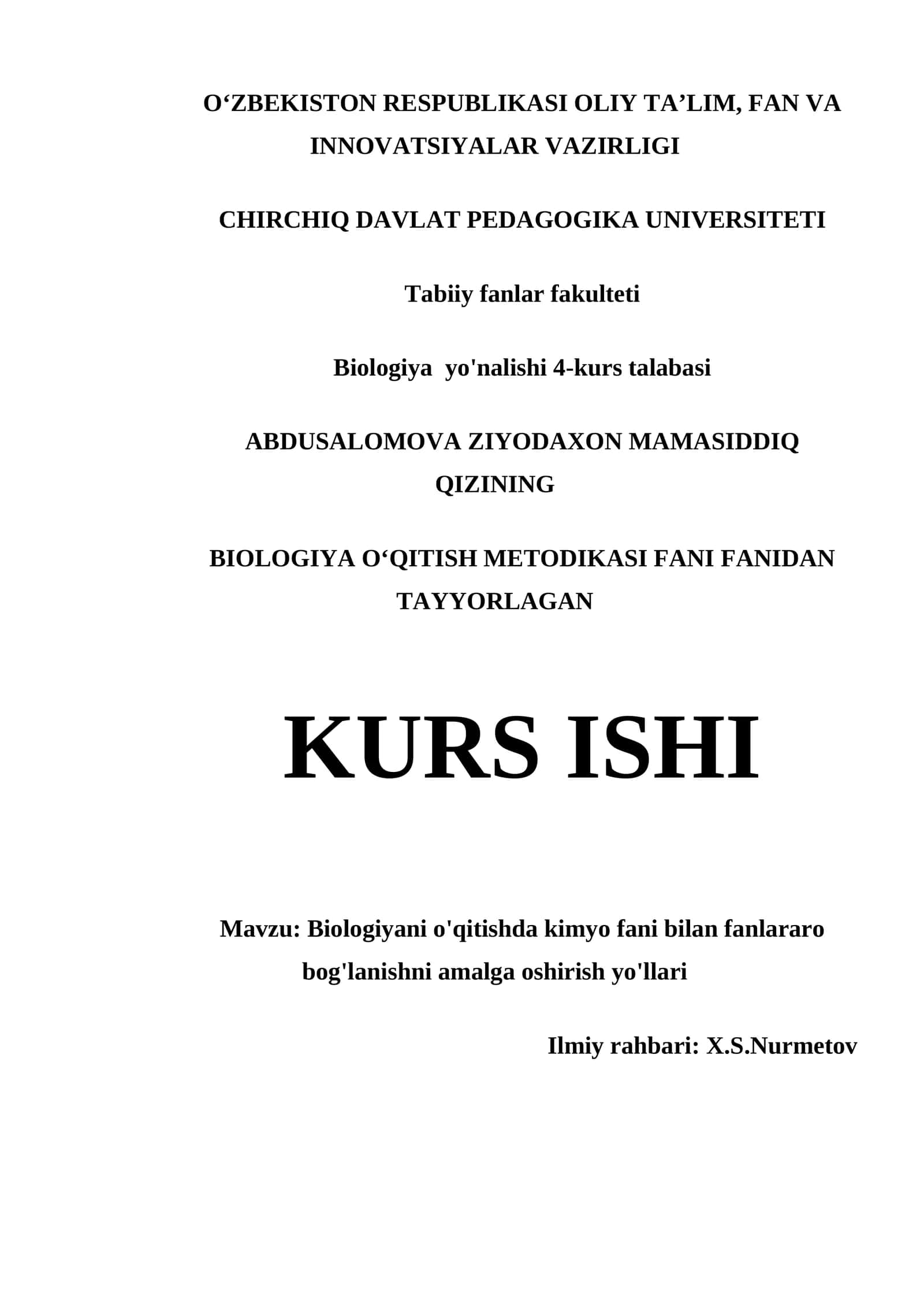 BIOLOGIYANI O'QITISHDA KIMYO FANI BILAN FANLARARO BOG'LANISHNI AMALGA OSHIRISH YO'LLARI