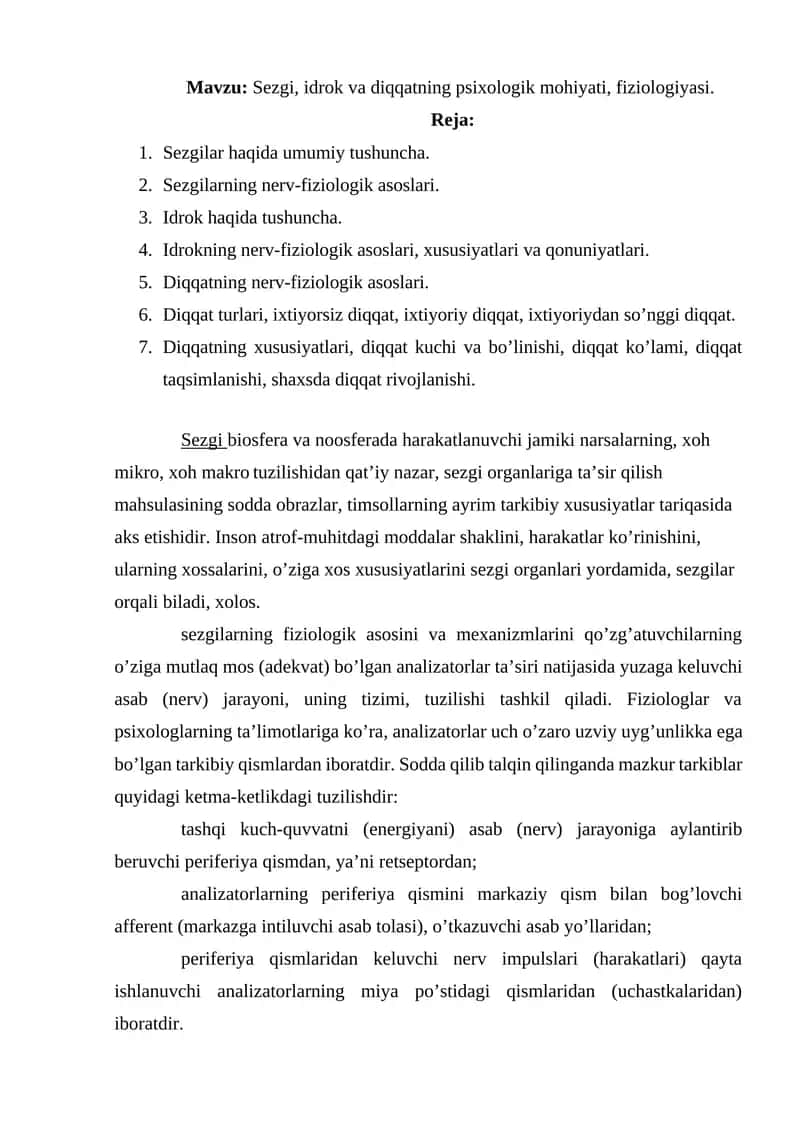 Sezgi, idrok va diqqatning psixologik mohiyati, fiziologiyasi