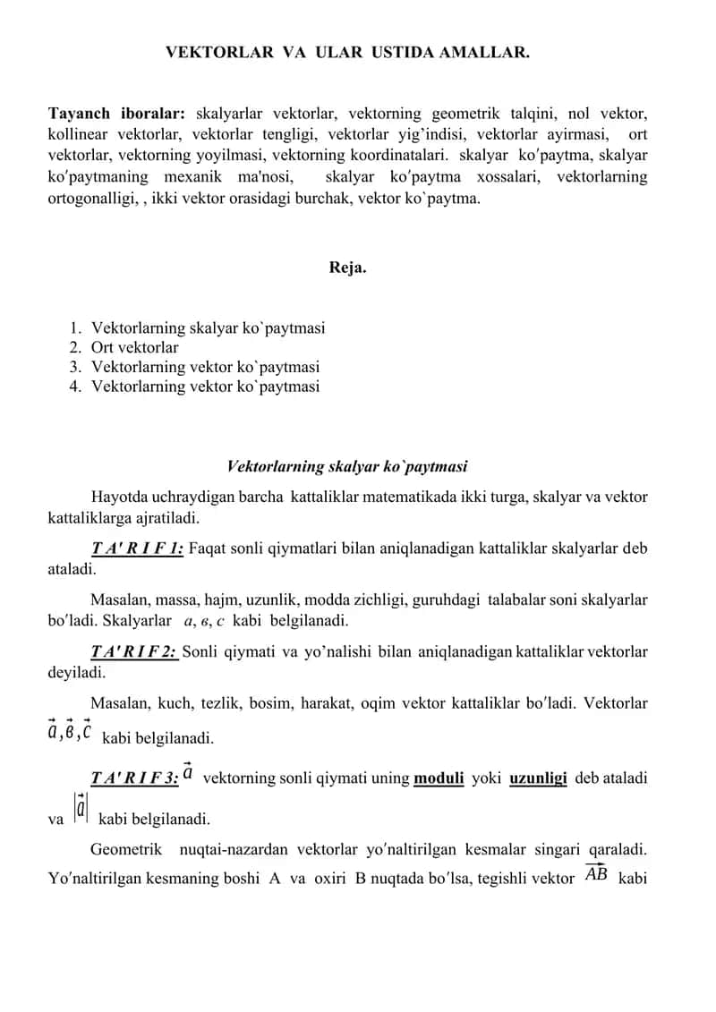VЕKTORLAR VA ULAR USTIDA AMALLAR.