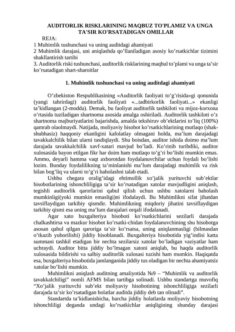 Auditorlik Risklarining Maqbuza To'plamiz va Unga Ta'sir Ko'rsatadigan Omillar