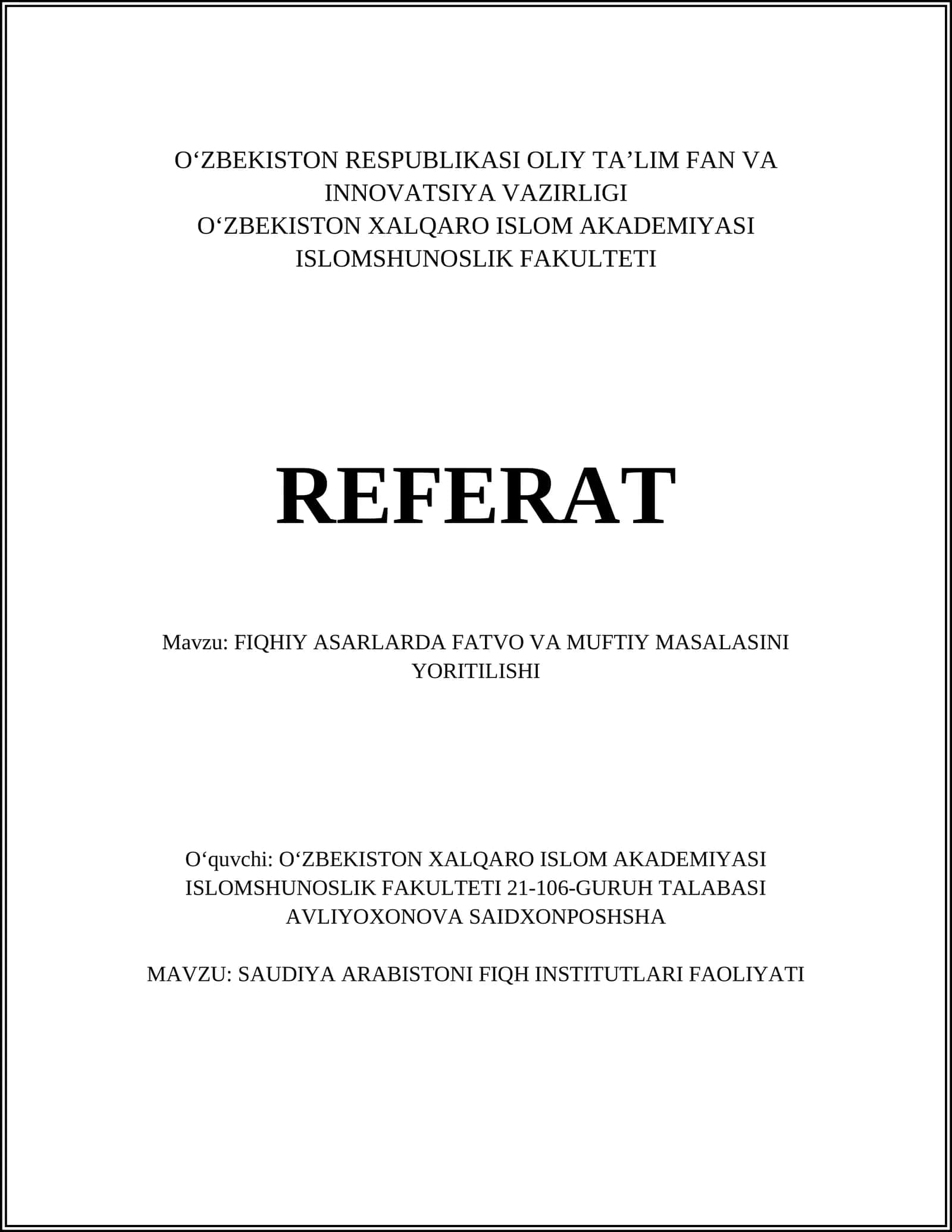 FIQHIY ASARLARDA FATVO VA MUFTIY MASALASINI YORITILISHI