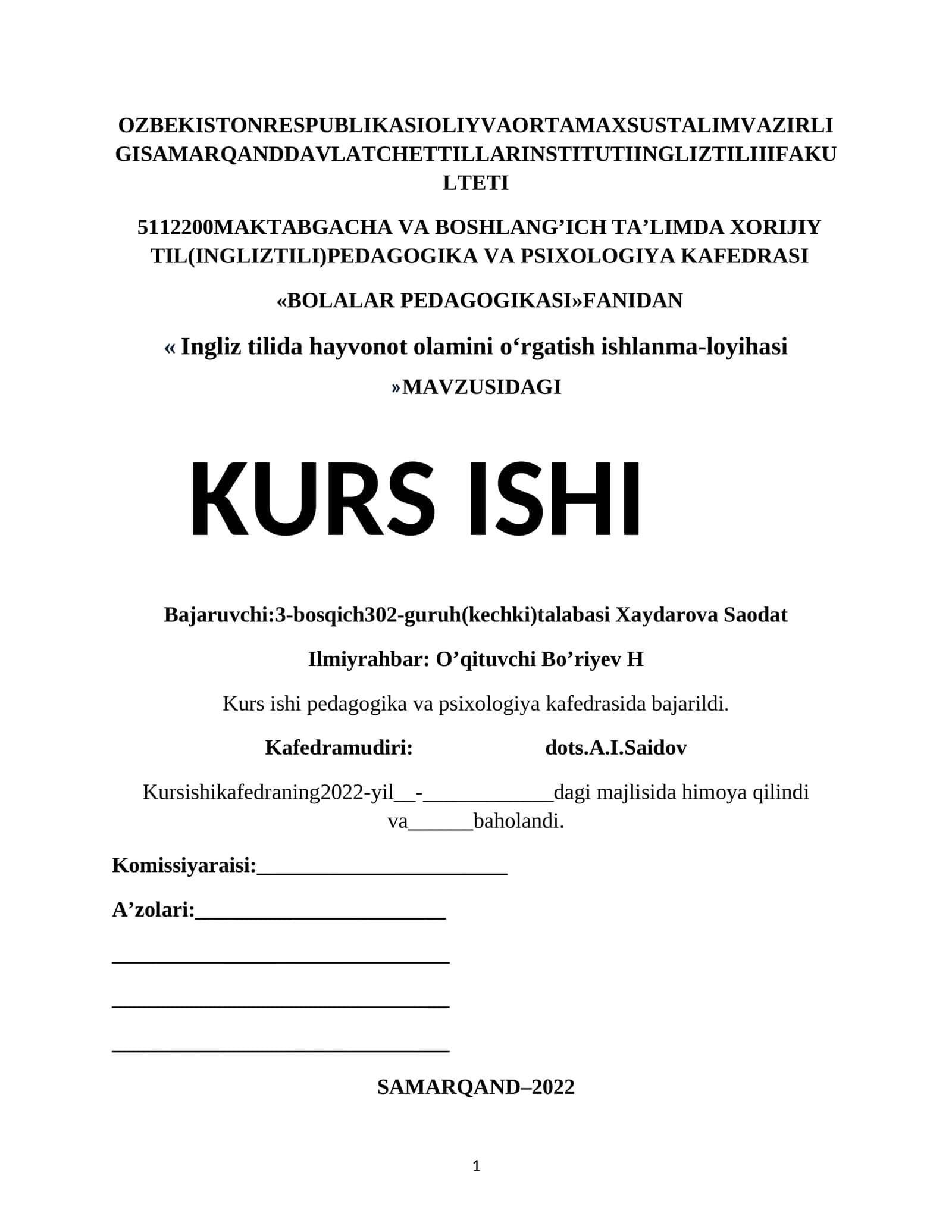 Ingliz tilida hayvonot olamini oʻrgatish ishlanma-loyihasi