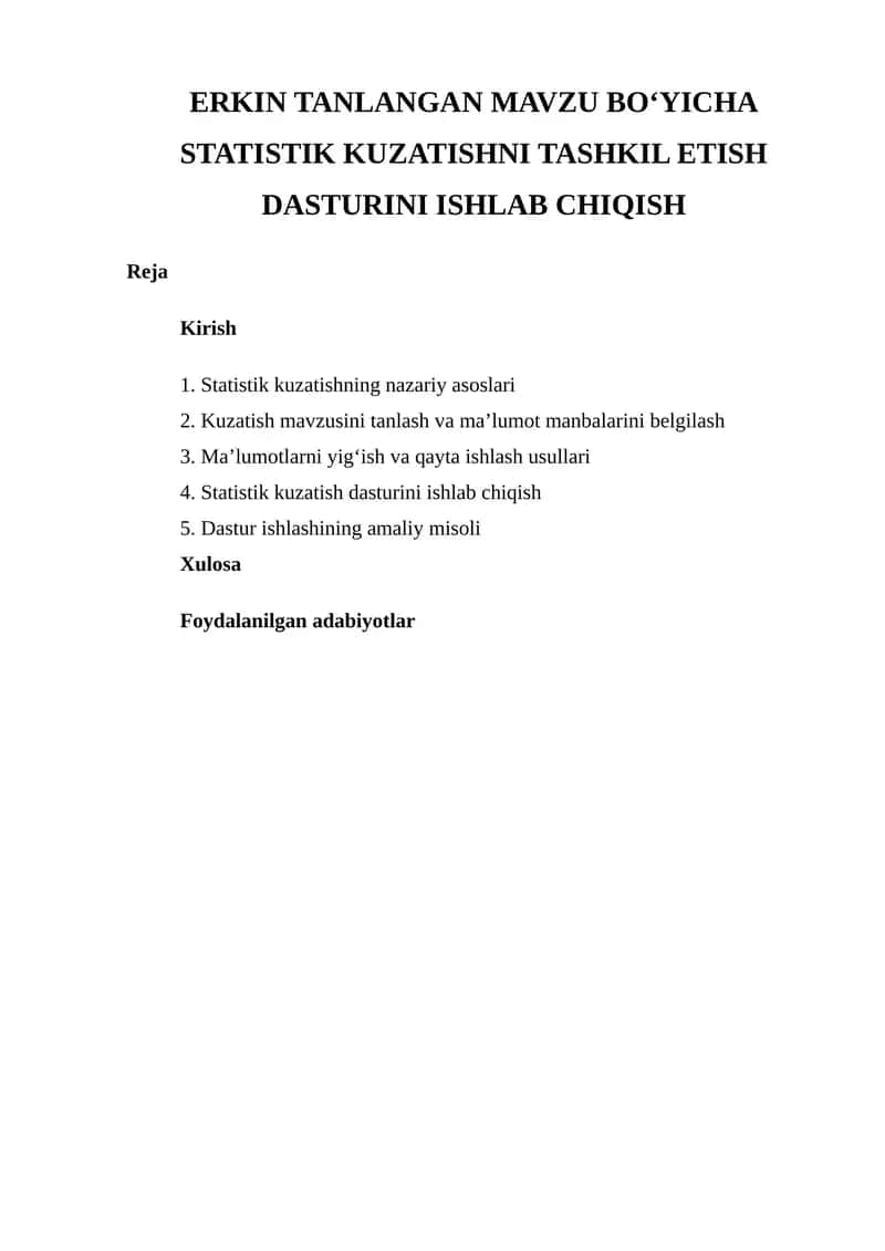 Statistik Kuzatishni Tashkil Etish Dasturini Ishlab Chiqish